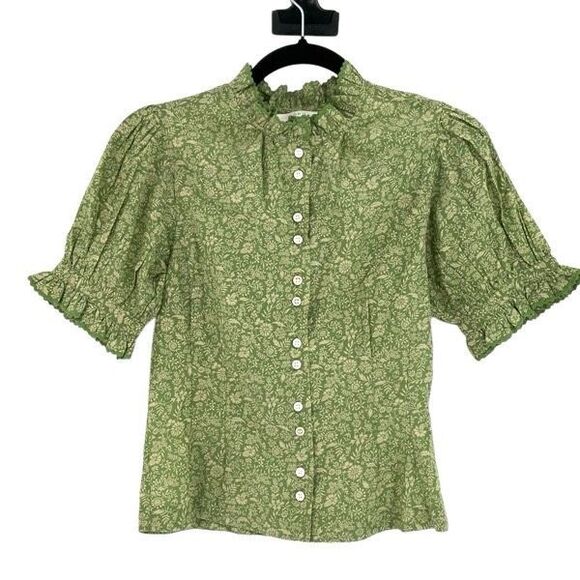 Doen Green Floral Button Front Ruffle Trim Short Sleeve Dauphine Blouse XS - Picture 2 of 12
